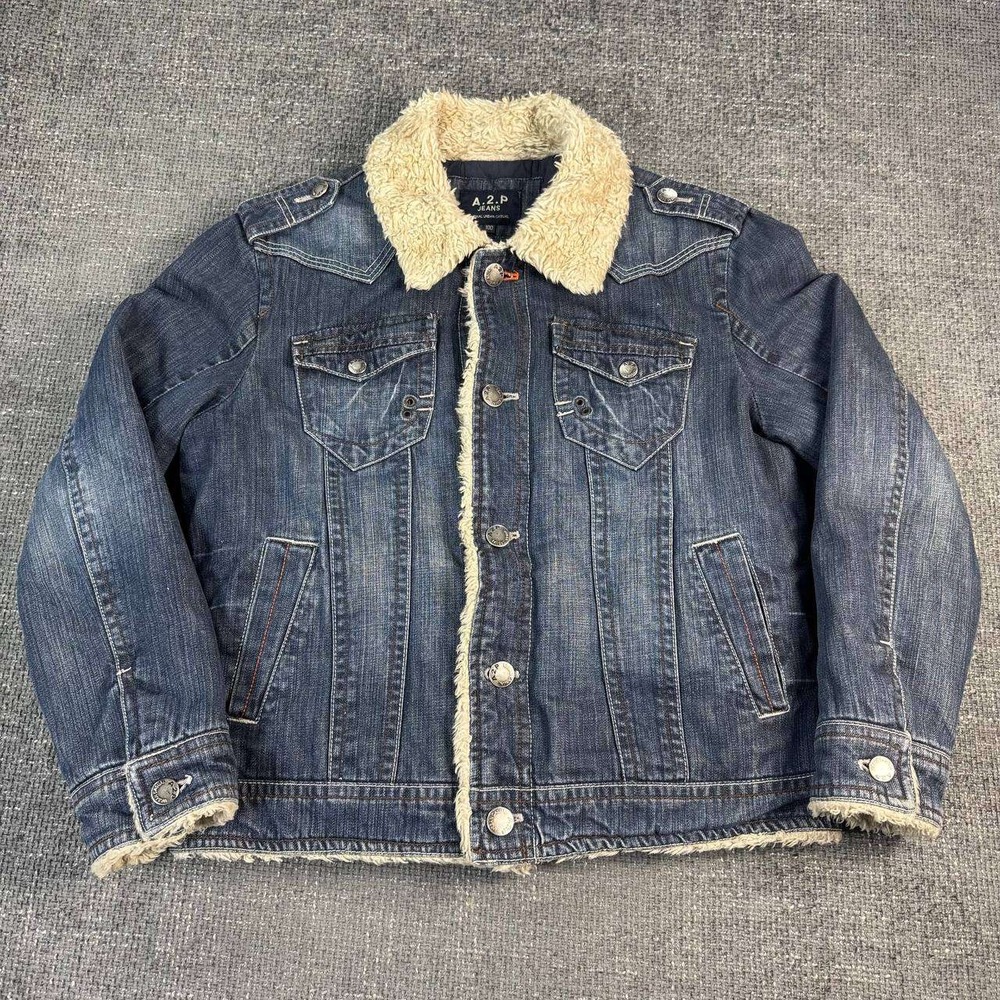 A.2.P Jeans Denim Trucker Jacket Unisex Size 100 Blue Faux Shearling Collar